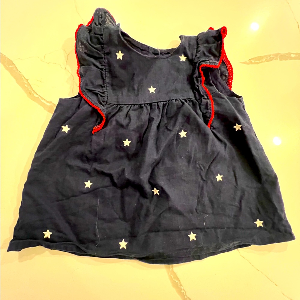 Adorable Navy Blue Star Print Dress with Red Trim - Size 18-24 Months
